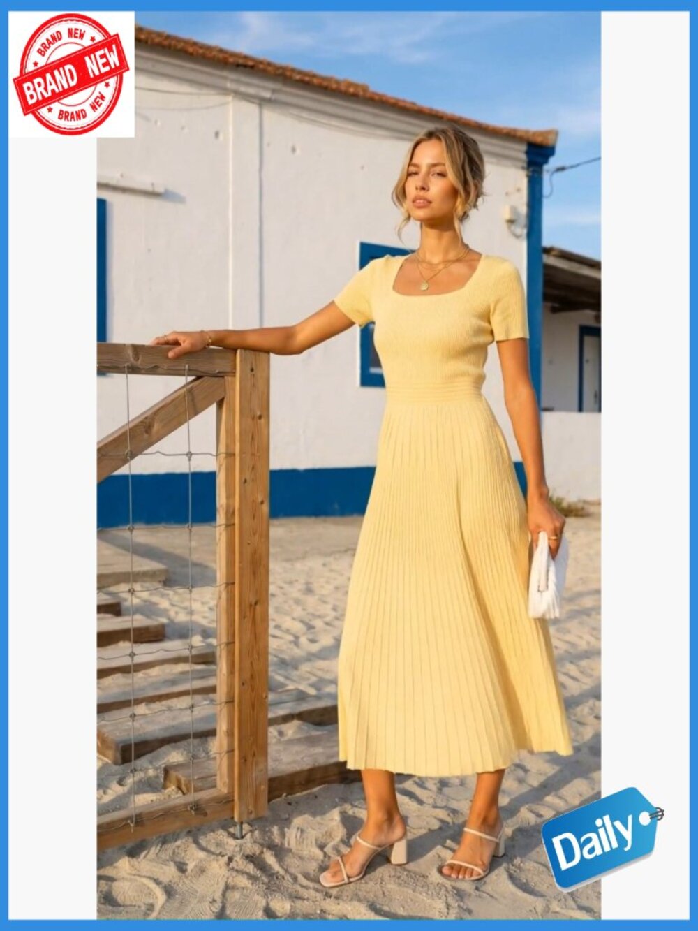 Pleated Midi Sweater Dress - Short Sleeve A-Line Business Casual Swing Dress - Picture 7 of 7